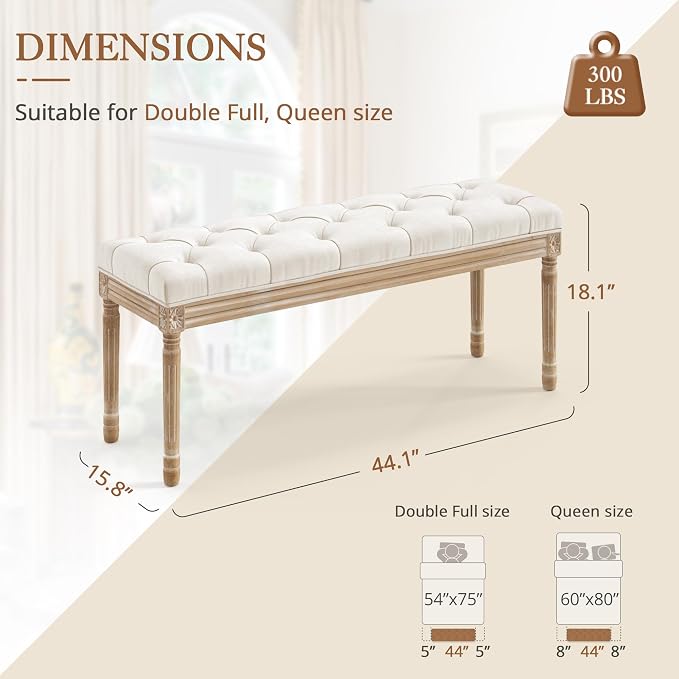 LUE BONA 44" Bedroom Bench, Fabric End of Bed Bench, Upholstered French Tufted Ottoman Bench with Carved Wood Legs for Bedroom End of Double Full Queen Size Bed, Living Room, Beige - Image 3