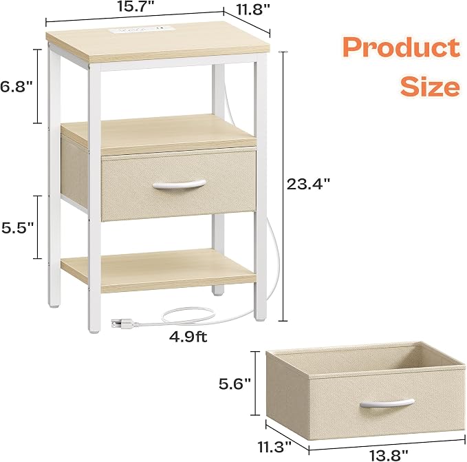 SUPERJARE Nightstand with Charging Station, Bed Side Table with Adjustable Fabric Drawer, Night Stand for Bedroom, 3-Tier Storage End Table, for Living Room, White Maple - Image 2