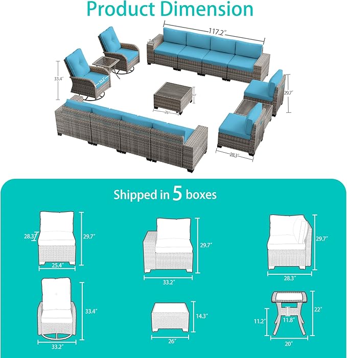 13-Piece Outdoor Patio Furniture Set with 55,000 BTU Fire Pit Table, PE Wicker Rattan Sectional Sofa Patio Conversation Set with Thickened Cushions & Coffee Table, Turquoise