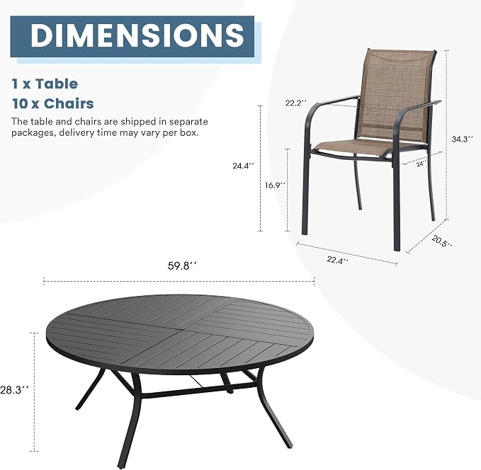 DIFY Patio Dining Set for 10, 11 Piece Outdoor Table and Chairs Set, 59.8" Black Round Metal Patio Dining Table and 10 Brown Textilene Stackable Patio Chairs, for Backyard Garden Poolside - Image 8