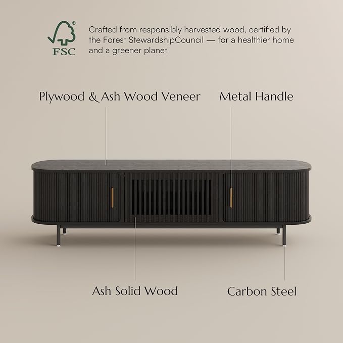 POVISON Fully-Assembled Mid Century Modern TV Stand, Sliding Tambour Door Entertainment Center with Storage, Wood TV Console, Media Console for Living Room Bedroom(Black, 78.74") - Image 6