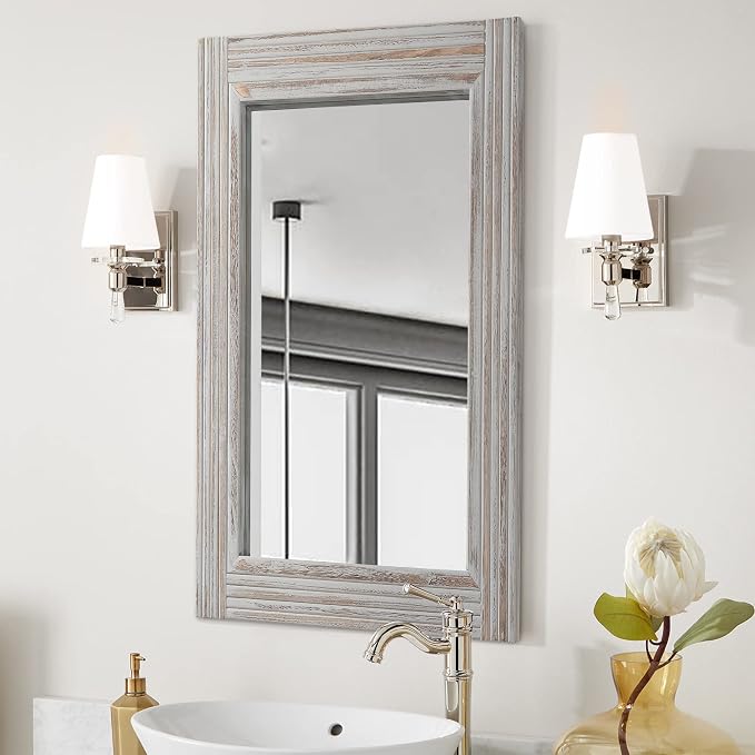 YOSHOOT Hand-Made Wooden Spliced Wall Mirror for Bathroom, Rustic Farmhouse Vanity Mirror, Décor Wall Art, Solid Wood Frame, Vertical or Horizontal Hanging - Image 4