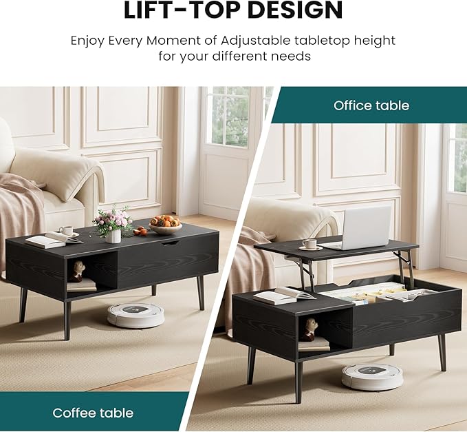 NEWBULIG Lift Top Coffee Table with Storage, Wooden Coffee Table for Living Room, Hidden Compartment & Open Shelf, Small Space Center Table, Black