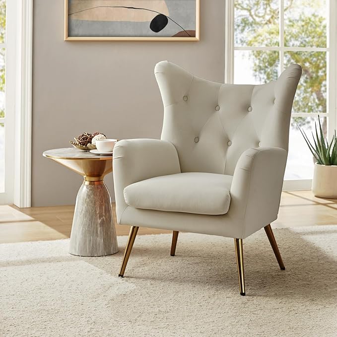 HULALA HOME Velvet Accent Chair Set of 2, Modern Wingback Armchair with Metal Gold Legs, Velvet Tufted Upholstered for Living Room Bedroom(TAN)