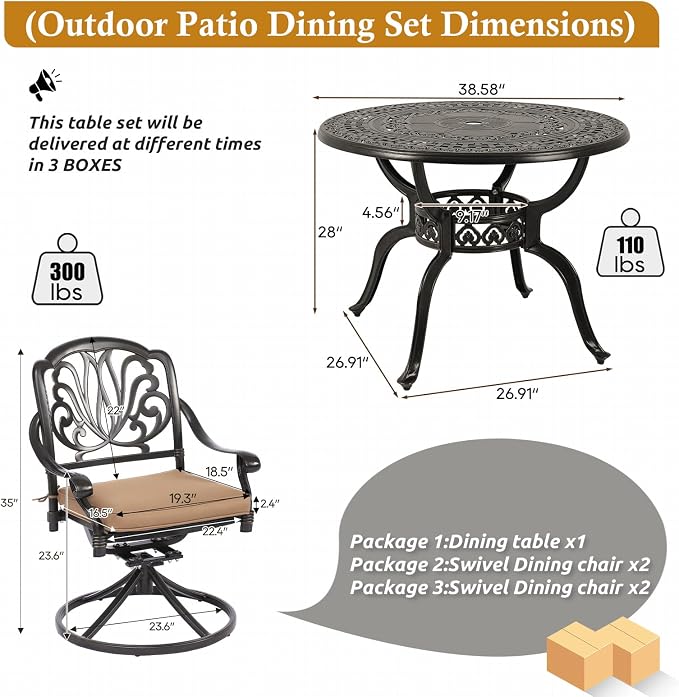 5-Piece Cast Aluminum Outdoor Patio Dining Set, All Weather Cast Aluminum Outdoor Furniture Dining Set for Patio, Balcony, Garden, Backyard w/4 Swivel Chairs & Cushions, 2.0" Umbrella Hole - Image 3