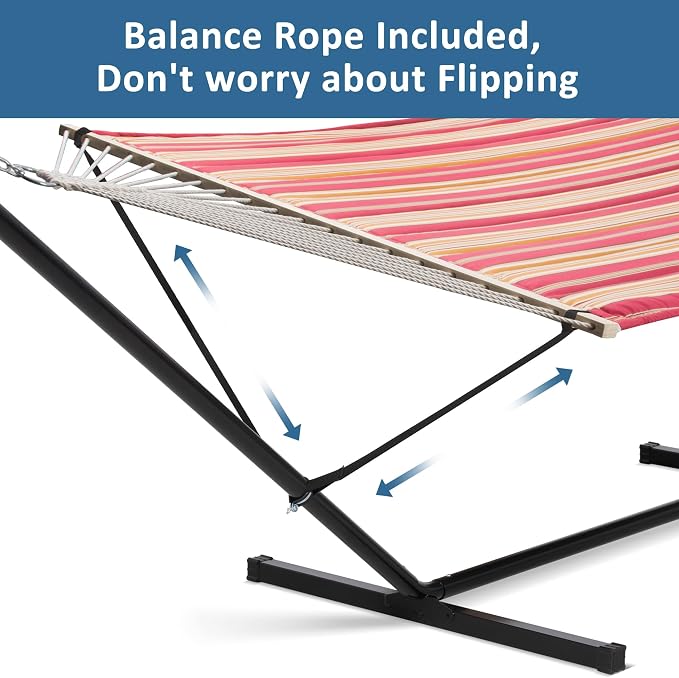 SUNCREAT Outdoor Hammock with Stand, Two Person Quilted Fabric Hammock Swing with 12ft Steel Stand, Red Stripes - Image 3