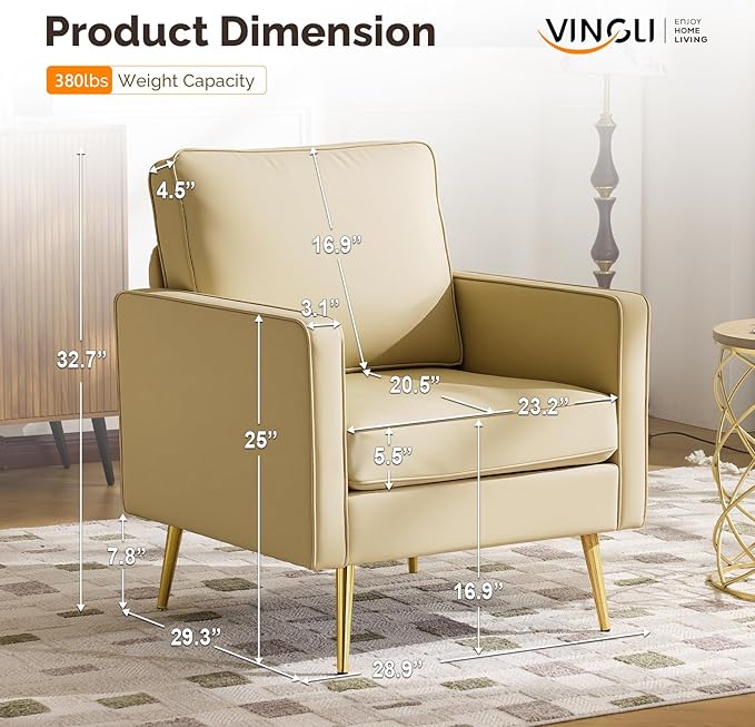 VINGLI Modern PU Leather Accent Chair, Single Sofa Chair with Pocket Coil Seat, Metal Backrest & Solid Wood Frame, Upholstered Armchair for Living Room, Bedroom or Office
