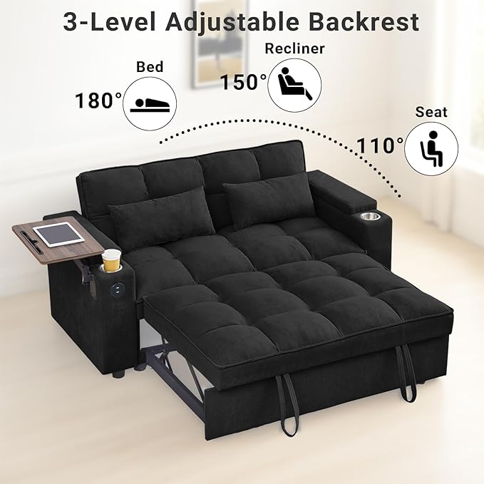 3 in 1 Sofa Bed, 65 Inches Convertible Loveseat Sleeper with Side Table, Pull Out Couch with 3 Level Adjustable Backrest, Chaise Lounge with USB and Type-C Ports for Living Room, Jet Black