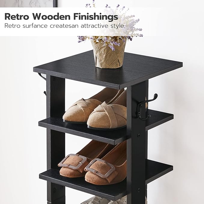 HOOBRO 8 Tiers Vertical Shoe Rack, Wooden Shoe Storage Organizer with Hooks, Narrow Shoe Tower for 8 Pairs, Space Saving, for Entryway, Living Room, Bedroom, Black BK07XJ01 - Image 6