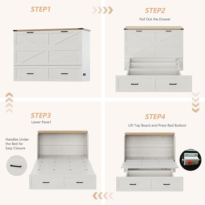 Bellemave Queen Murphy Bed, Cabinet Bed with Charging Station and 1 Large Storage Drawer, Farmhouse Murphy bedframe with Foldable Panel, Noisy Free, for Guest Bedroom, Living Room, White