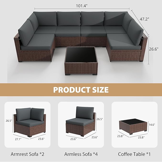 KIGOTY Patio Furniture Set,7 Pieces Modular Outdoor Sectional Sofa, PE Rattan Patio Conversation Set, All Weather Wicker Patio Furniture with Cushions and Coffee Table（Brown/Dark Grey）