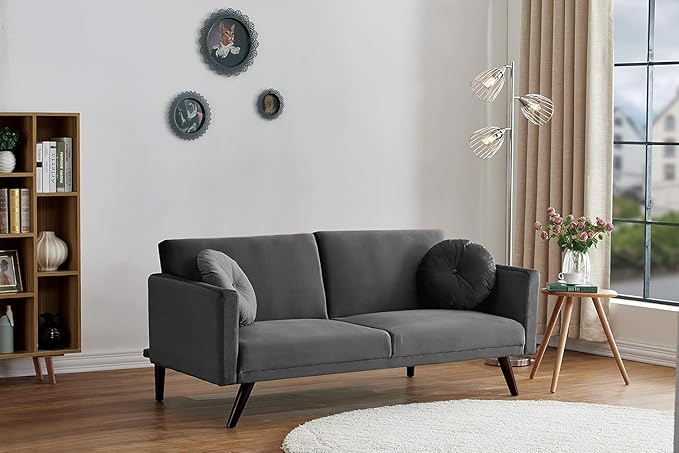 72" Retro Velvet Sofa Bed - Vintage Modern Convertible Futon w/Reclining Backrest - Velvet Upholstery on Solid Wood Frame (72" L x 34.6" W x 30.23" H), Grey