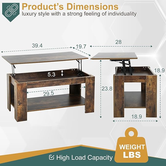 PayLessHere Coffee Table Lift Top Coffee Tables with Hidden Compartment and Storage Shelf Wooden Lift Tabletop Dining Table for Living Room Home (Brown, 39" D x 28" W x 24" H)