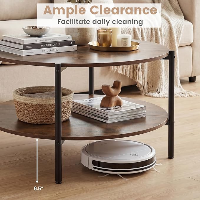 Giantex Round Coffee Table, 33.5" Small Center Table with Open Storage Shelf and Heavy-Duty Metal Frame, 2-Tier Wood Cocktail Accent Table, Living Room Tables for Small Spaces, Rustic Brown