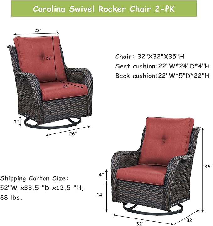 Rilyson Wicker Rocking Chair Swivel Chairs - 2 Piece Rocker Patio Chairs Set Rattan Rocking Chair for Outdoor Porch Deck Garden Backyard (Brown/Red)