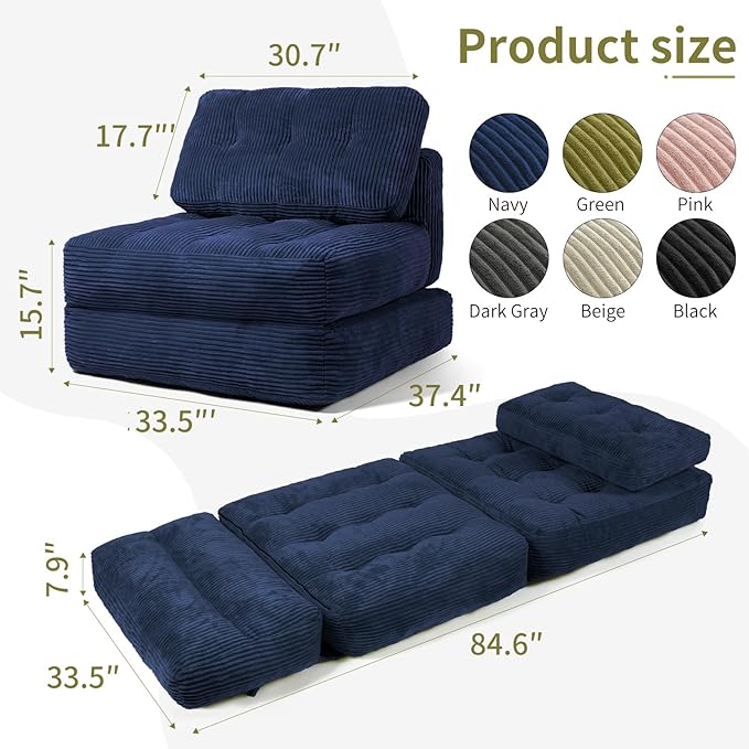 Art3d Folding Sofa Bed, Convertible Sleeper Sofa Bed with Pilow & Back Support, 3 in 1 Long Futon Boneless Couch, Comfy Floor Couch for Living Room, Bedroom, Navy Blue