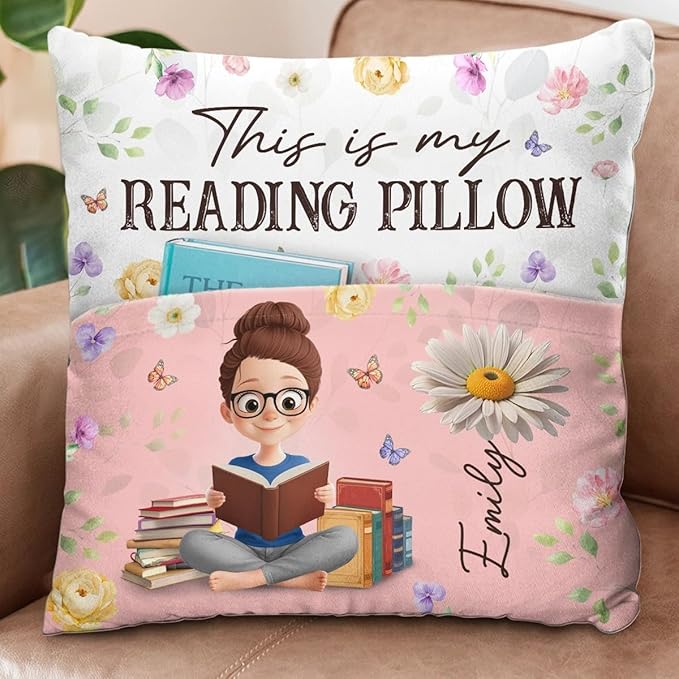 Custom Pocket Pillow, Birth Month Flower Personalized Book Reading Pillow, Bookish Gifts for Book Lovers, Bookworms, Readers, Reading is My Therapy, Librarian Gifts for Women Students