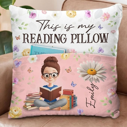 Custom Pocket Pillow, Birth Month Flower Personalized Book Reading Pillow, Bookish Gifts for Book Lovers, Bookworms, Readers, Reading is My Therapy, Librarian Gifts for Women Students