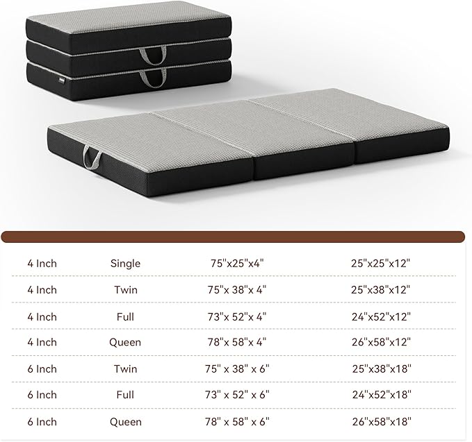 ROXGOX Memory Foam Trifold Mattress, Full Portable Floor Bed 6 Inch, Foldable Mat with Washable Cover, Handle & Non-Slip Bottom, for RV, Travel, Camping, Yoga, 73"x52"x6", Grey