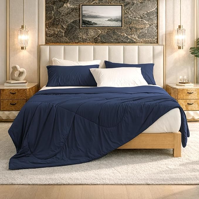 Cozy Bliss Cooling Comforter Twin Size, Cooling Blankets for Hot Sleepers and Night Sweats, Dark Blue Summer Comforter for Twin Size Bed, Breathable Soft Lightweight Silk Smooth