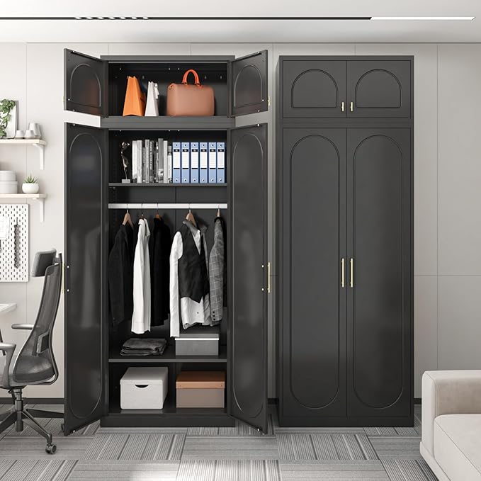 SteeLoong 86" Metal Armoire Wardrobe Closet with Doors,Tall Clothing Storage Cabinet with Adjustable Shelves and Hanging Rod,Black Wardrobe Closet for Bedroom,Home,Office,Gym