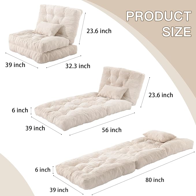 Folding Sofa Bed, Convertible Sleeper Chair with Pillow Foldable Mattress with Back Support, Portable Fold Out Chair Bed Comfy Floor Sofa Lounge for Living Room Bedroom, Beige Twin 80x39 Inch