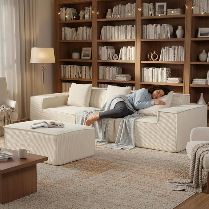 Rowan Convertible Corduroy Sectional Couch with Ottoman & Pillows, Modular L Shaped Sleeper Sofa, Boneless Cloud Couch for Living Room Furniture, Beige