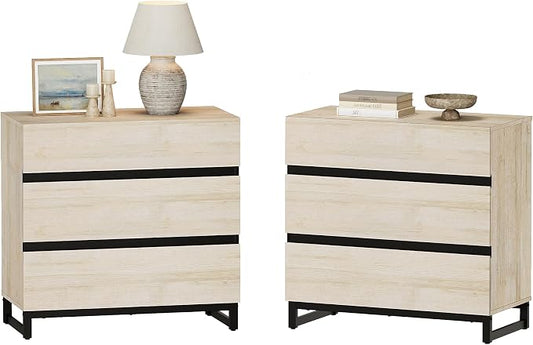 WAMPAT Nightstand with 3 Drawers for Bedroom, Modern Bedside Table with Black Square Metal Leg, Wood Rustic Side End Table, Beige, 2 Pcs by WAMPAT