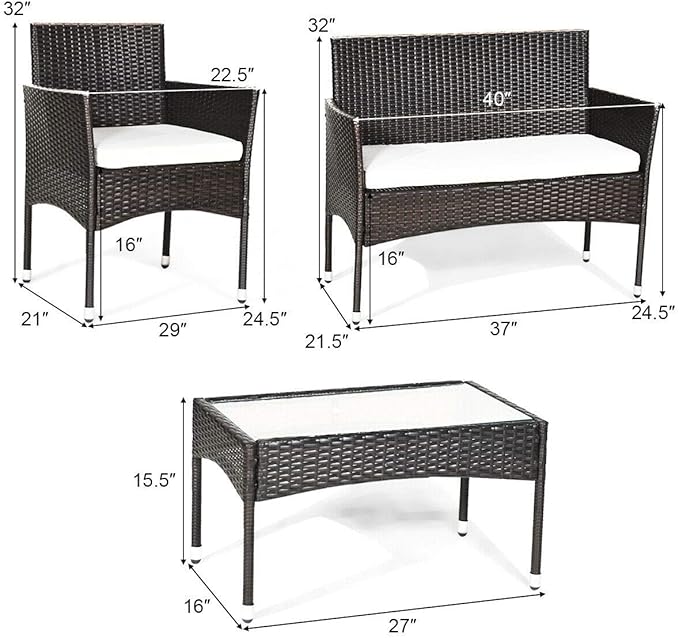 Tangkula 4 PCS Patio Outdoor Conversation Set with Glass Coffee Table, Loveseat & 2 Cushioned Chairs, Garden Lawn Rattan Wicker Patio Chat Set, Outdoor Furniture Set (Brown)
