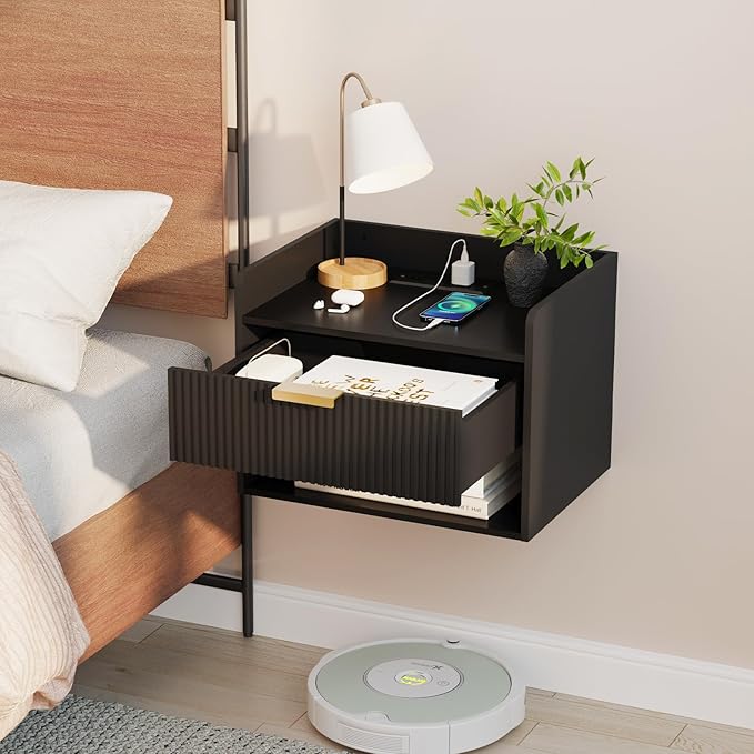 Arbuxzuy Floating Nightstand Set of 2, Wall Mounted Nightstand with Charging Station, Floating Bedside Table with Drawer, Minimalist Wooden Floating Night Stand for Bedroom (Black) - Image 6
