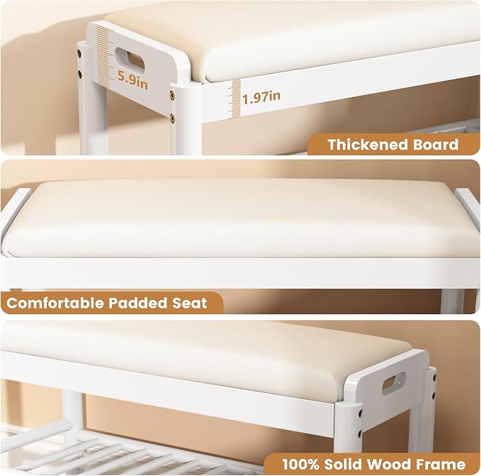 Entryway Shoe Storage Bench, 2-Tier Wood Shoe Rack with Cushion, Padded Seat Entryway Organizer with Shelf & Hidden Storage for Entry, Hallway, Living Room, Bedroom, Closet (White, 31.5") - Image 4