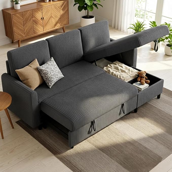 Shintenchi Futon Sofa Bed Convertible Couches L Shaped, 4‑in‑1 Sectional Sleeper Sofa Pull Out Couches for Living Room, Multifunctional Couch with Storage Chaise Corduroy Fabric, Dark Gray