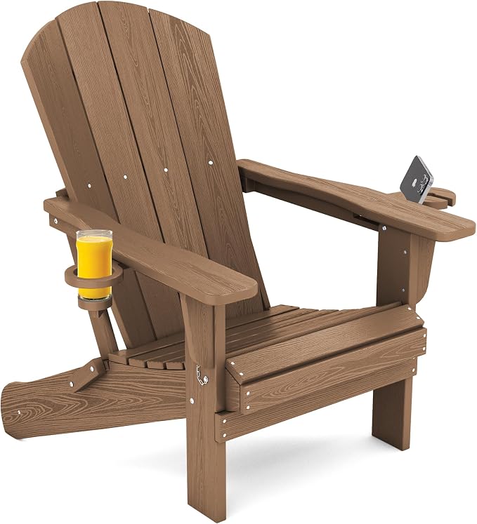SERWALL Adirondack Chair with Cup Holders - Composite Adirondack Chairs HDPE Outdoor Chairs All Weather Use- Brown by SERWALL