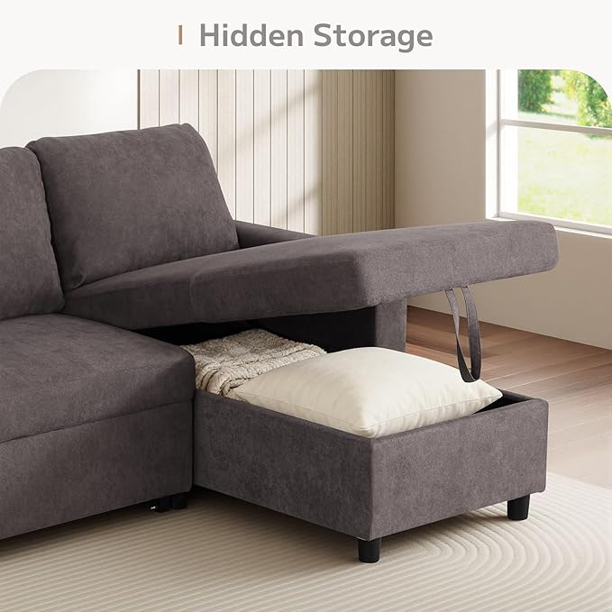 L-Shaped Sleeper Sofa with Chaise Lounge & Storage, Pull-Out Couch Bed with Recliner, Full Size Futon for Living Room, Office, Apartment, Coffee