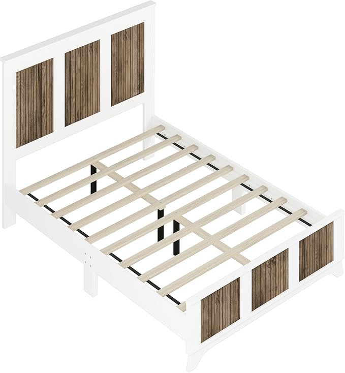 4 Pieces Bedroom Sets Full Size Farmhouse Platform Bed with Wooden Strip Decoration, 2 Storage Nightstands and A 6-Drawer Dresser with Metal Handle for Kids Teens Adults - White