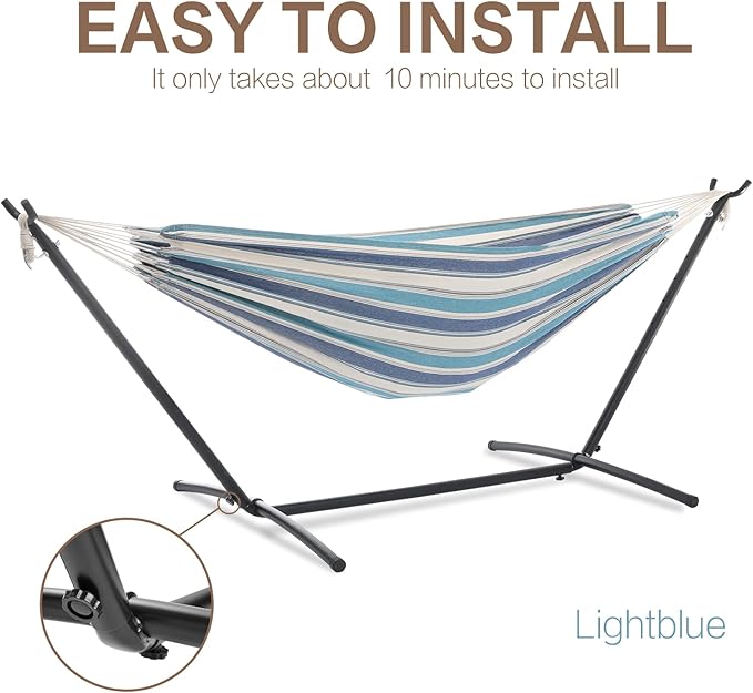 PNAEUT Double Hammocks with Stand for Outside, Portable Space Saving Heavy-Duty Steel Stand for Indoor Outdoor Patio with Carrying Bag, 450 lbs Capacity (Lightblue) - Image 5
