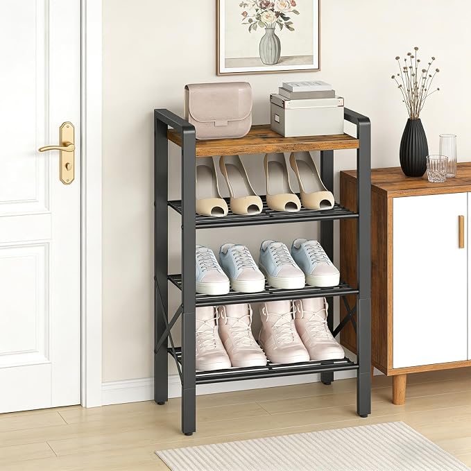 YATINEY 4-Tier Narrow Shoe Rack, Tall Shoe Rack for 4-8 Pairs, Slim Shoe Storage Organizer with Wooden Top, Space Saving, Metal Frame, for Entryway, Rustic Brown and Black SS64BR - Image 2