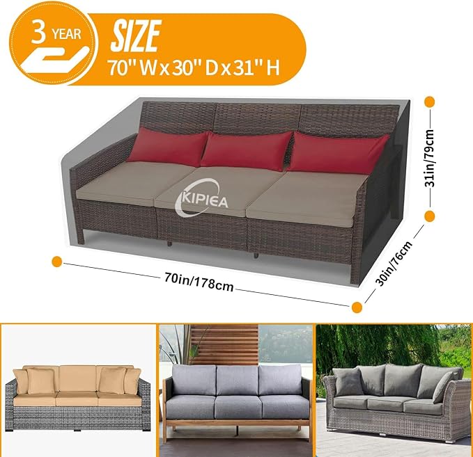 Kipiea Patio Sofa Cover, Heavy Duty Outdoor Couch Covers Waterproof Winter, 2-Seat Patio Furniture Cover Loveseat, Outdoor Sofa Covers with Anti UV and No Tears, No Fading (70"W x 30"D x 31"H) - Image 2