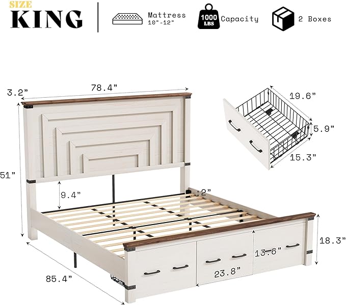 AMERLIFE 5-Piece Farmhouse Bedroom Set, Rustic Wood King Bed Frame with 51" Tall Headboard, 6-Drawer Dresser, 5-Drawer Tall Chest, Nightstands Set of 2 with Charging Station, White