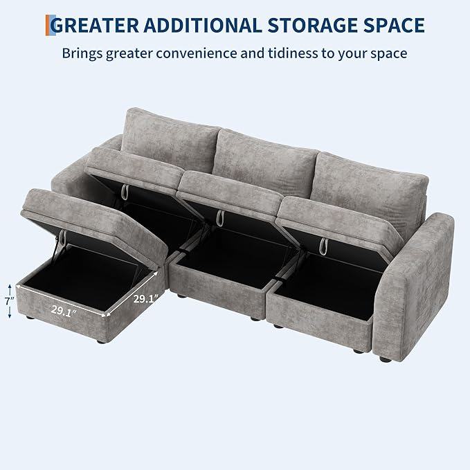 L-Shape Sectional Sofa with Storage, 108" Modular Cloud Couch, 4-Seater Sofa Bed with Ottoman, Chenille Fabric with Hidden Storage for Small Spaces(Gray 4-Seater)