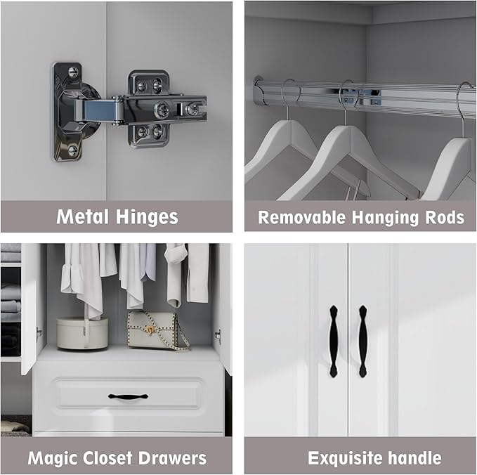 Wooden Armoire Wardrobe Closet：Modern Armoire Wardrobe Closet with 4 Doors, 2 Drawers and Hanging Rods for Tall Cabinet, Large Capacity Clothes Storage Cabinet for Bedroom Home, White