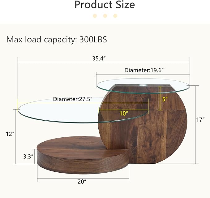 35.4" Glass Coffee Table, Round Coffee Table, 2-Tier Tempered Glass Tabletop with Walnut Base, Modern Center Table for Living Room, Home, Apartment, Ideal for Small Space