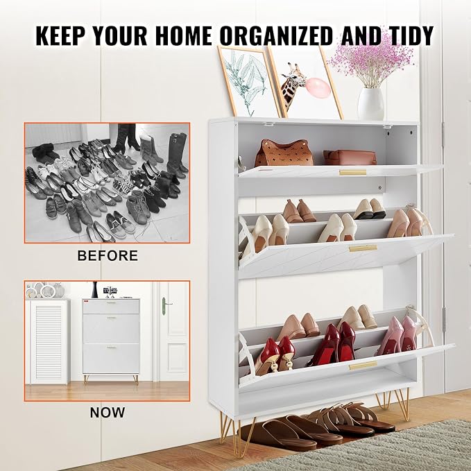 VEVOR Shoe Cabinet with 2 Flip Drawers, Modern Shoes Storage Cabinet with Storage Drawer and Anti-Tipping Device, Freestanding Shoe Organizer Ideas for Entryway, Hallway, Bedroom, Living Room, White - Image 6