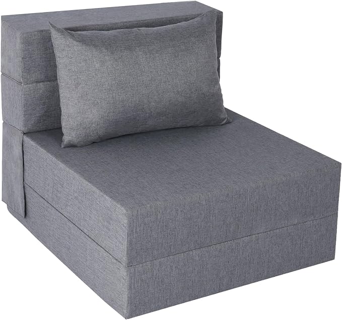 Folding Sofa Bed, Convertible Futon Sofa Bed with Pillow, Fold Out Couch with Washable Cover, Foldable Sleeper Chair for Living Room, Dorm, Guest Room, Single Size, Light Grey