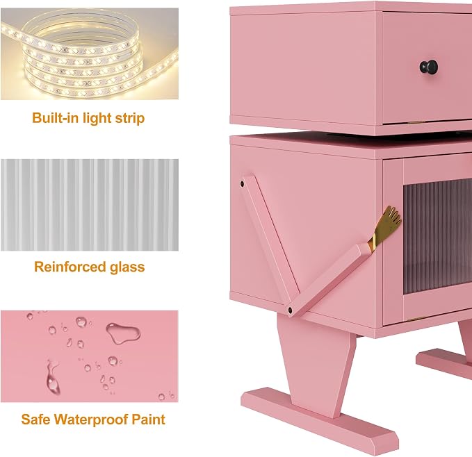 RoyalCraft Large Nightstand Set of 2 with LED Lighs, Pink End Table with 360°Rotating Drawer, Modern Bedside Table with Storage, Wood Night Stand for Bedroom, Home Office, Pink - Image 5