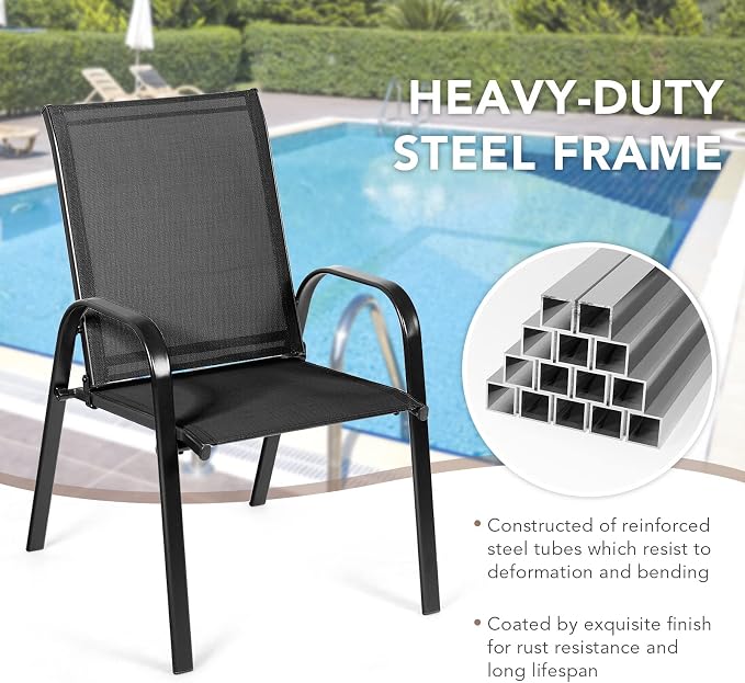 Tangkula 2 Piece Patio Dining Chairs, Outdoor Bistro Chairs W/Curved Armrests, Easy-to-Dry Fabric, Reinforced Steel Frame, Wide & Comfortable Camping Chairs for Garden, Poolside, Backyard (1, Black) - Image 6