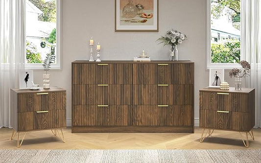 Walnut Dresser and Nightstand Sets, 6 Drawer Dresser Set for Bedroom 3 Piece, 55” Wide Fluted Wood Dressers W/Metal Handle & Night Stand Set of 2, Modern Bedroom Furniture Sets, Walnut