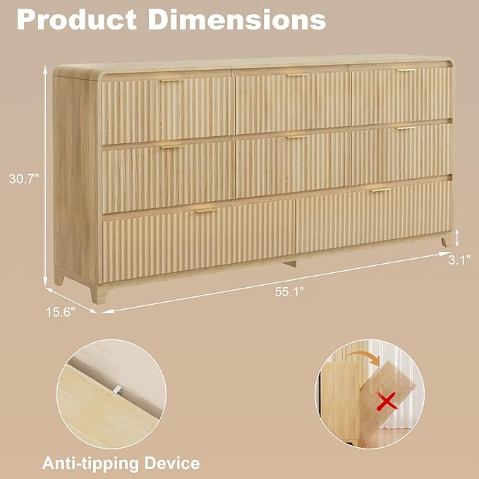 3 Piece Bedroom Furniture Set 8 Drawer Fluted Dresser & 2 Nightstand Sets with Metal Handle, Charging Station & Storage Cabinet, Modern Design for Bedroom/Living Room, Natural