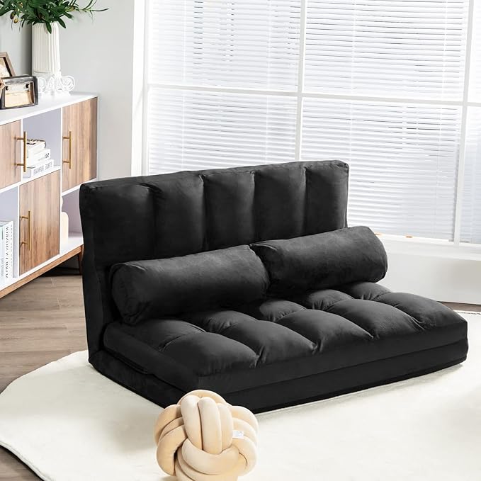 KOMFOTT Adjustable Floor Sofa Bed, Foldable Lazy Sofa Sleeper Bed with 6 Position Backrest & 2 Pillows, Convertible Futon Couch Bed with Suede Cloth Cover, Lounge Recliner for Living Room (Black)