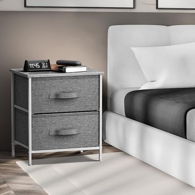 Sorbus Nightstand with 2 Drawers - Bedside Furniture End Table Night Stand with Steel Frame, Wood Top & Easy Pull Fabric Bins - Small Dresser & Chest for Home, Bedroom Accessories & Office - Image 2